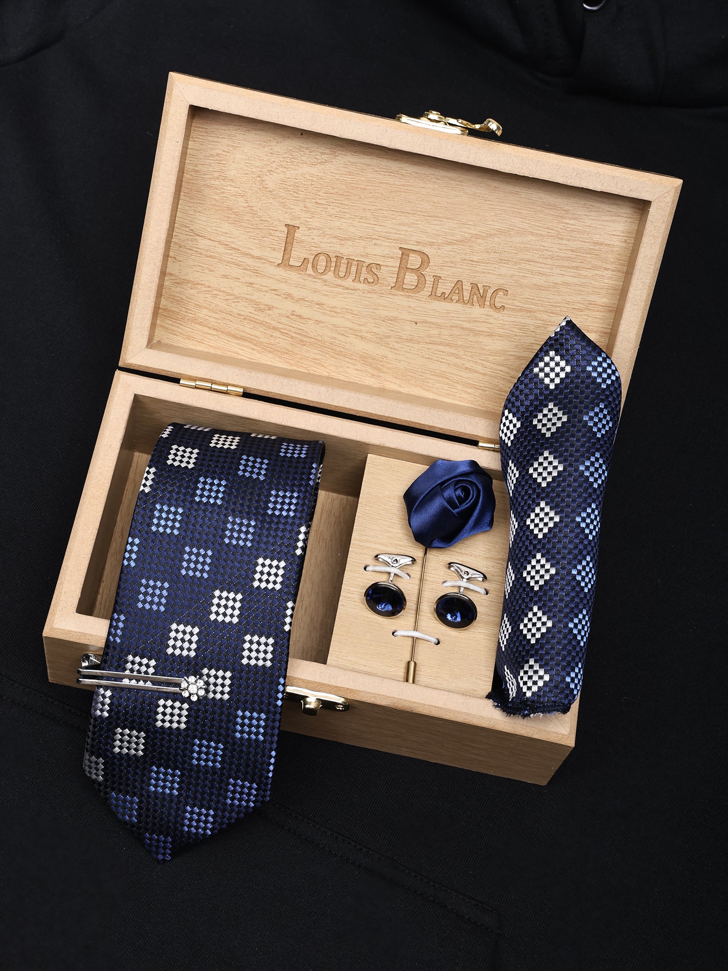 Royal Blue Crystal Navy Italian Silk Neckties Set Pocket square Silver Tiepin