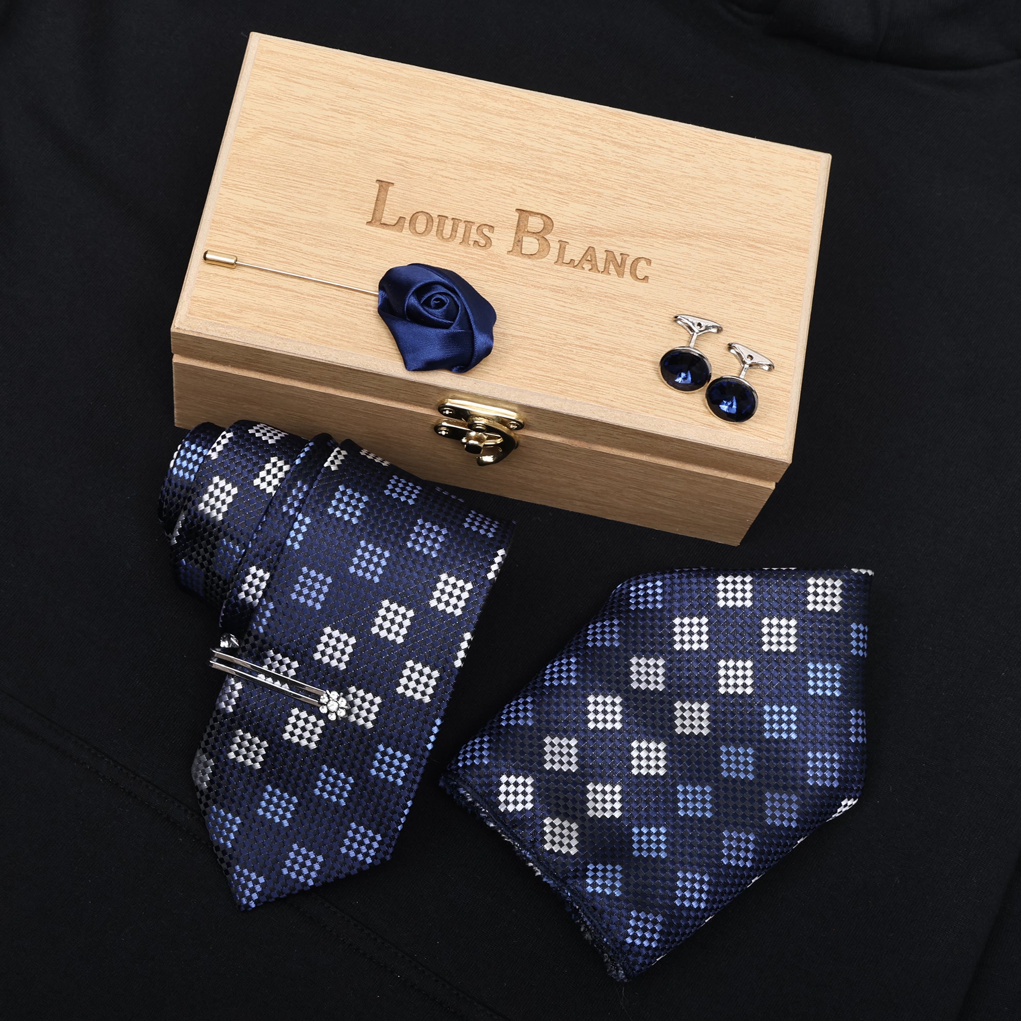 Royal Blue Crystal Navy Italian Silk Neckties Set Pocket square Silver Tiepin