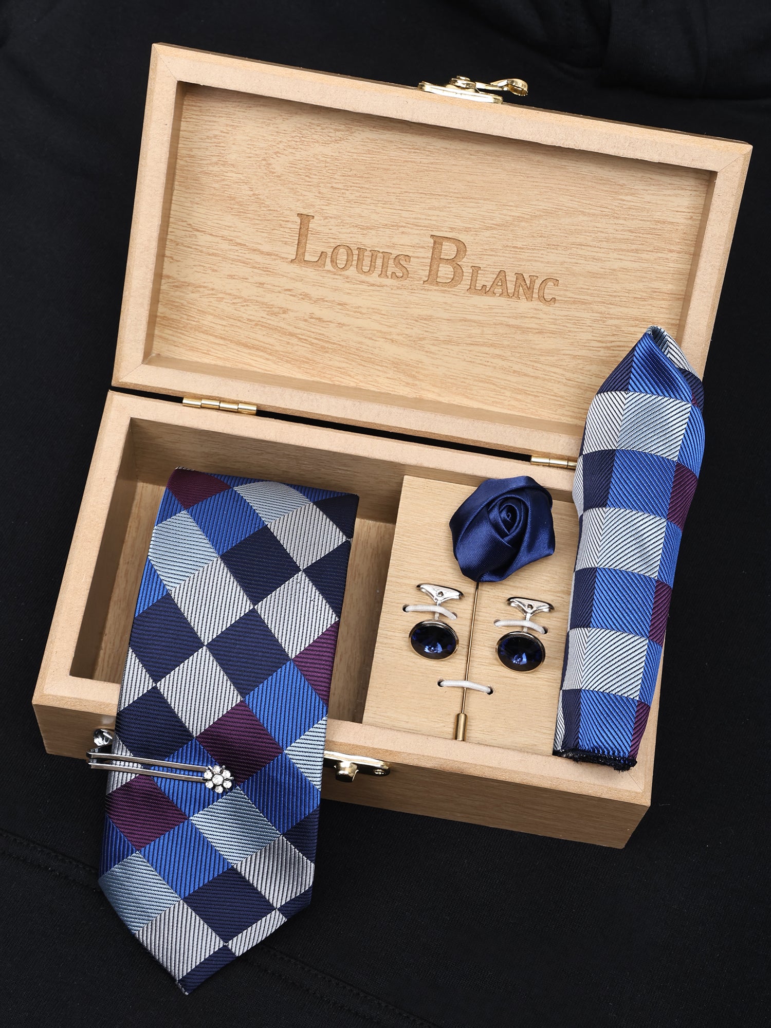 Royal Blue Italian Silk Neckties Set Pocket Square Silver Tiepin Cufflinks & Brooch.