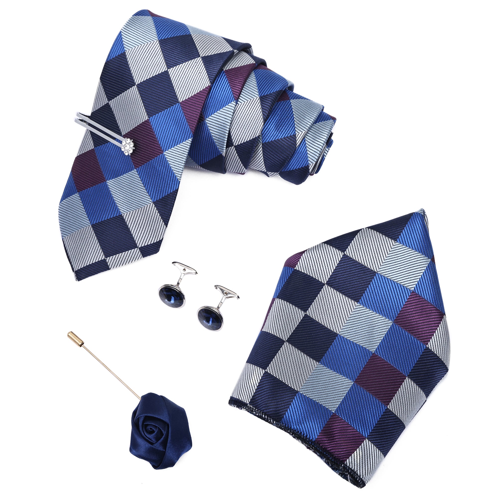Royal Blue Italian Silk Neckties Set Pocket Square Silver Tiepin Cufflinks & Brooch.