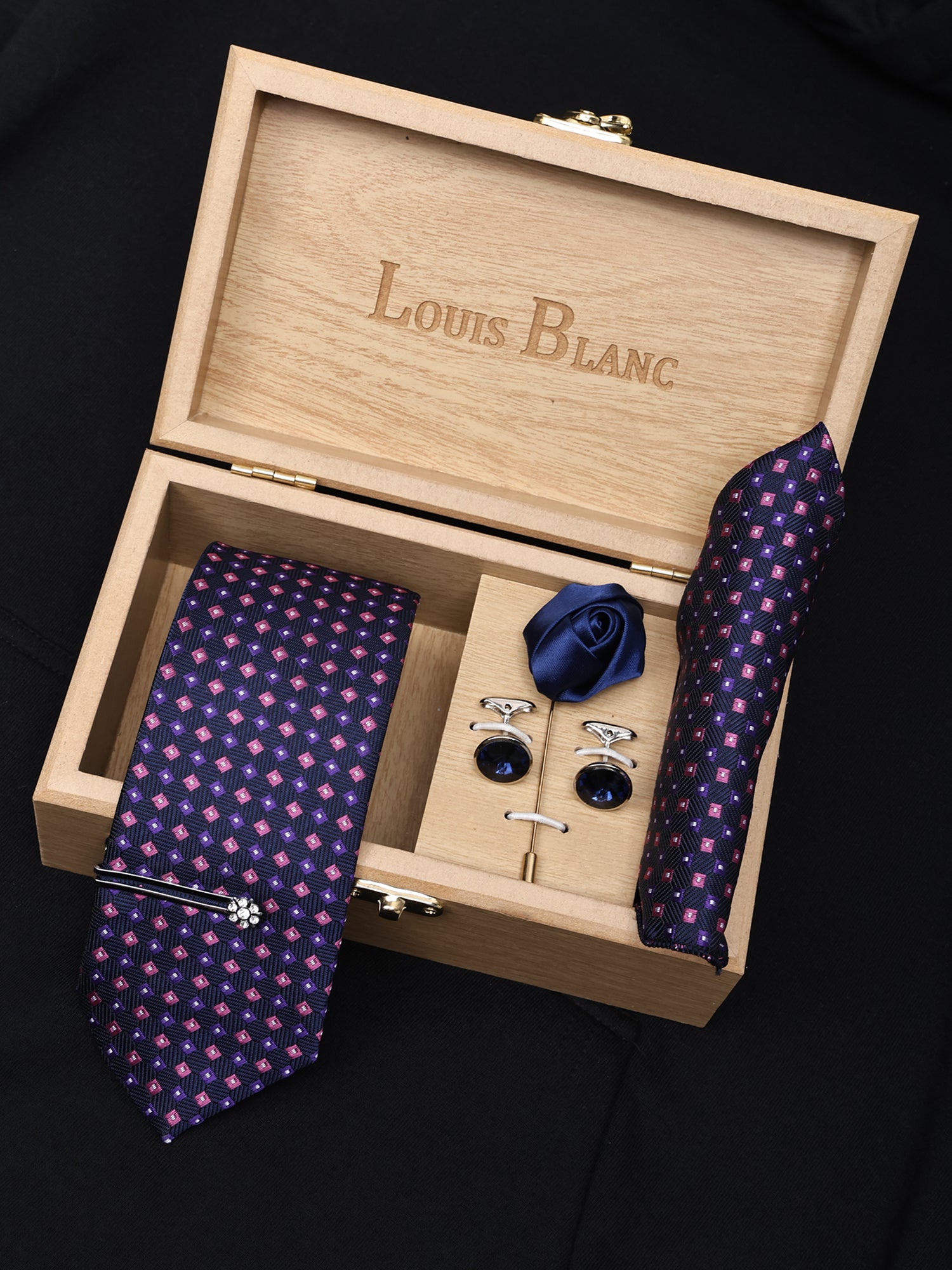 Pink & Purple Design Navy Italian Silk Neckties Set Pocket Square Silver Tiepin
