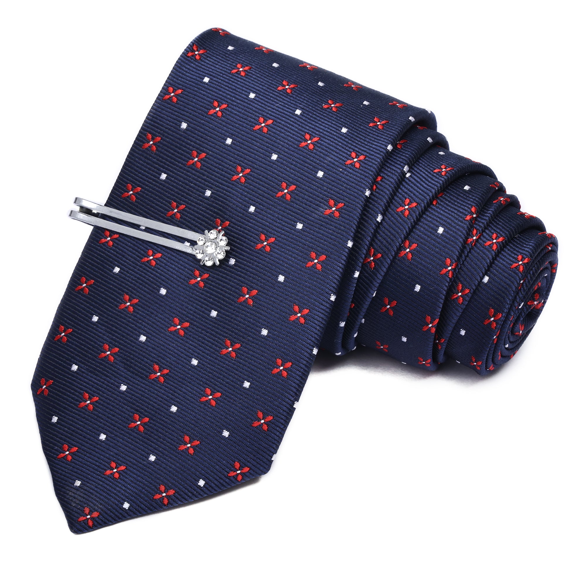 Navy & Red Design Italian Silk Neckties Set Pocket Square Silver Tiepin