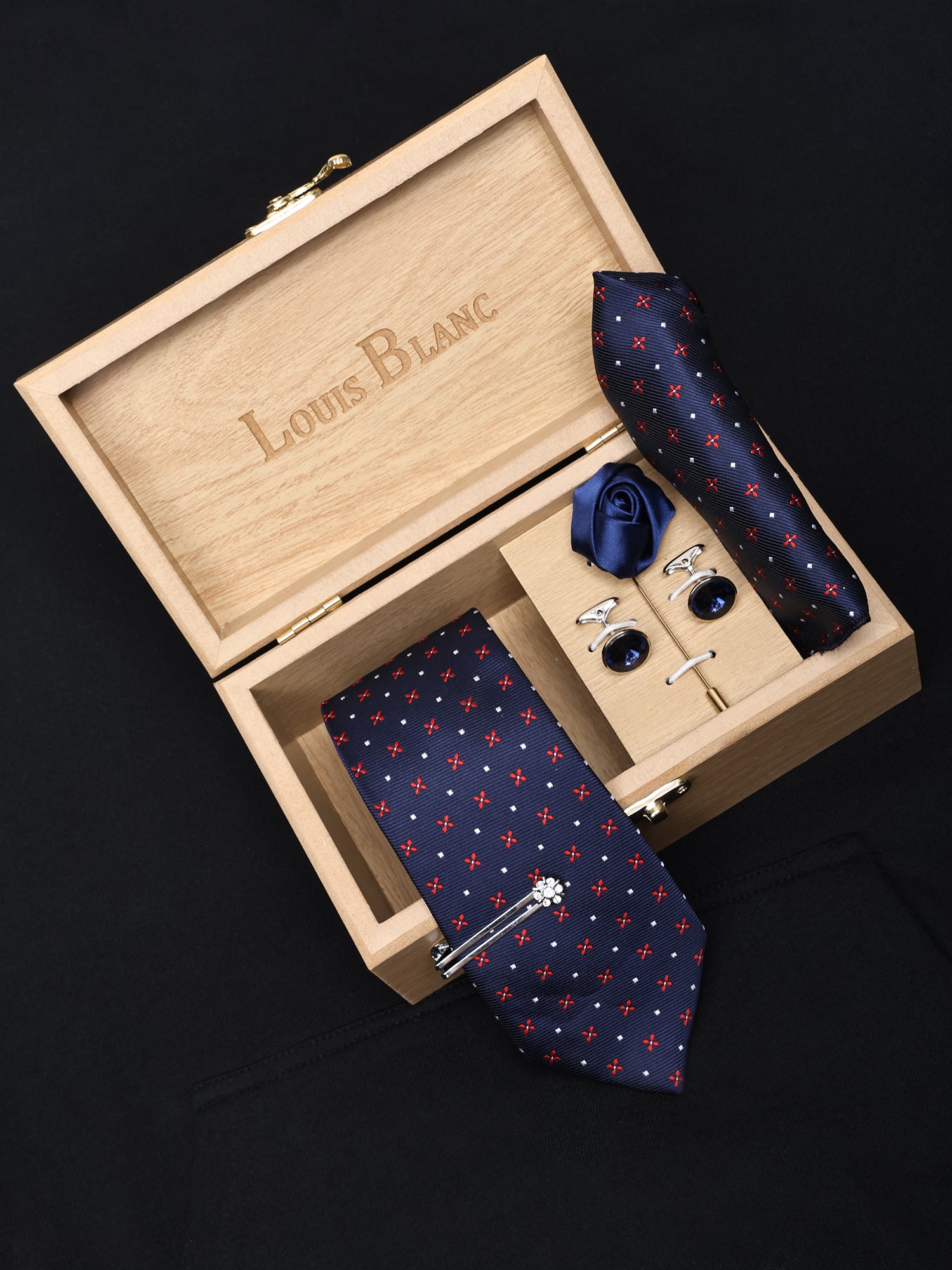 Navy & Red Design Italian Silk Neckties Set Pocket Square Silver Tiepin