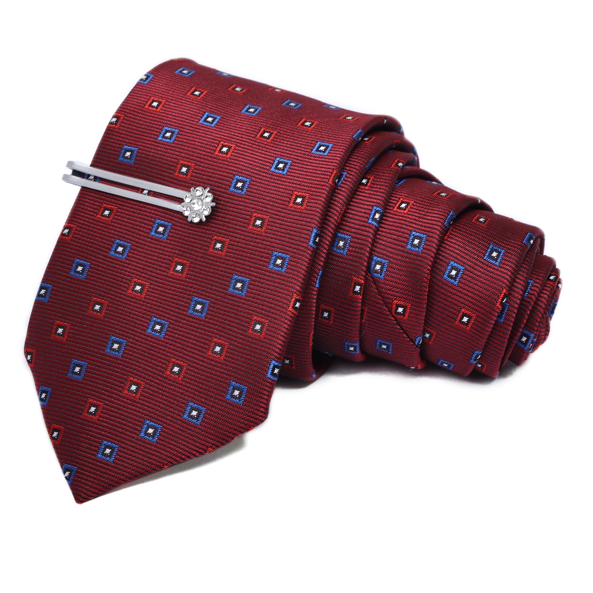 Royal & Maroon Italian Silk Neckties Set Pocket Square Silver Tiepin