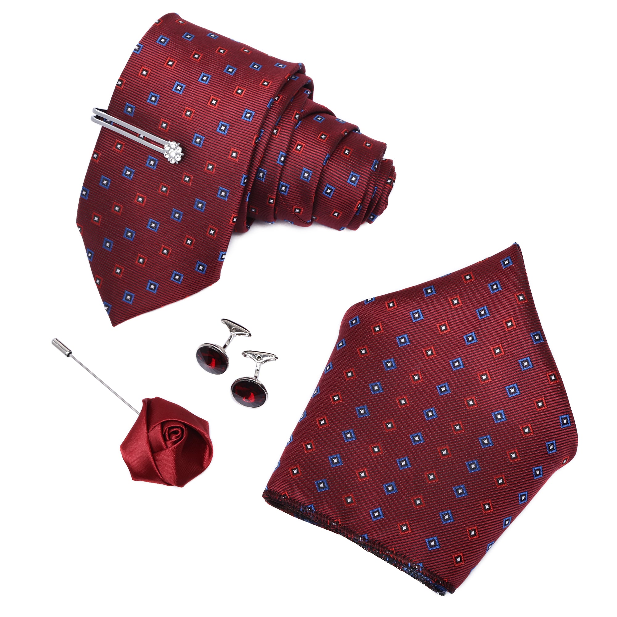 Royal & Maroon Italian Silk Neckties Set Pocket Square Silver Tiepin