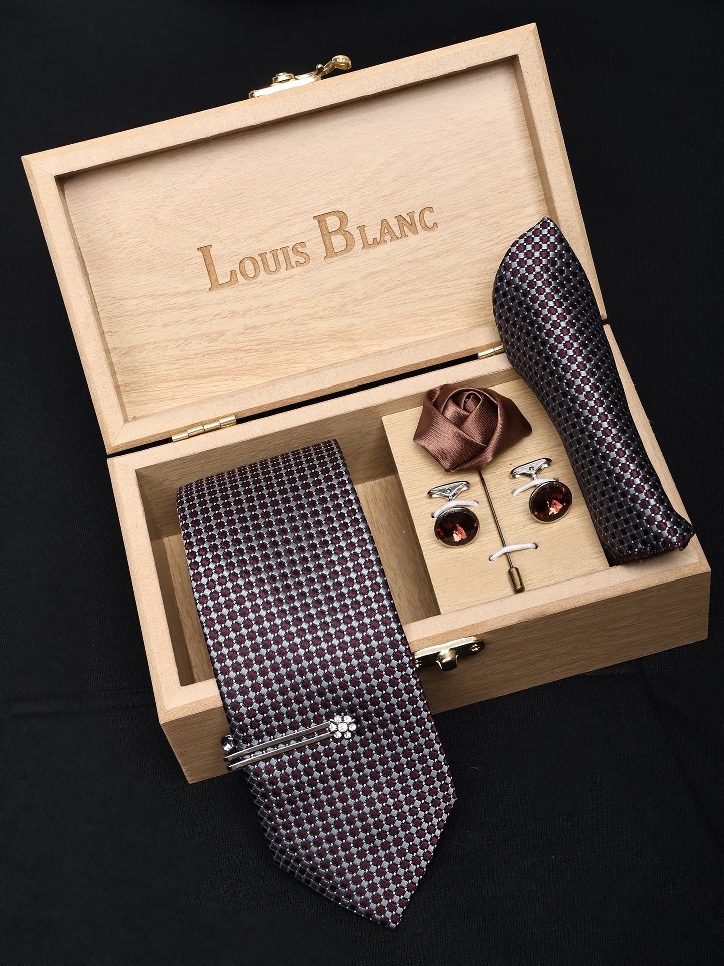 Grey Maroon Italian Silk Neckties Set Pocket Square Silver Tiepin