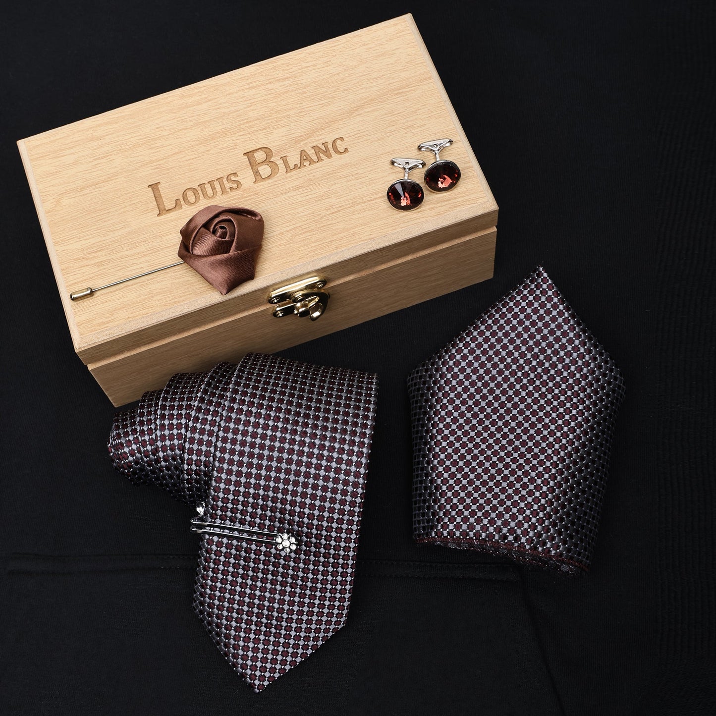 Grey Maroon Italian Silk Neckties Set Pocket Square Silver Tiepin