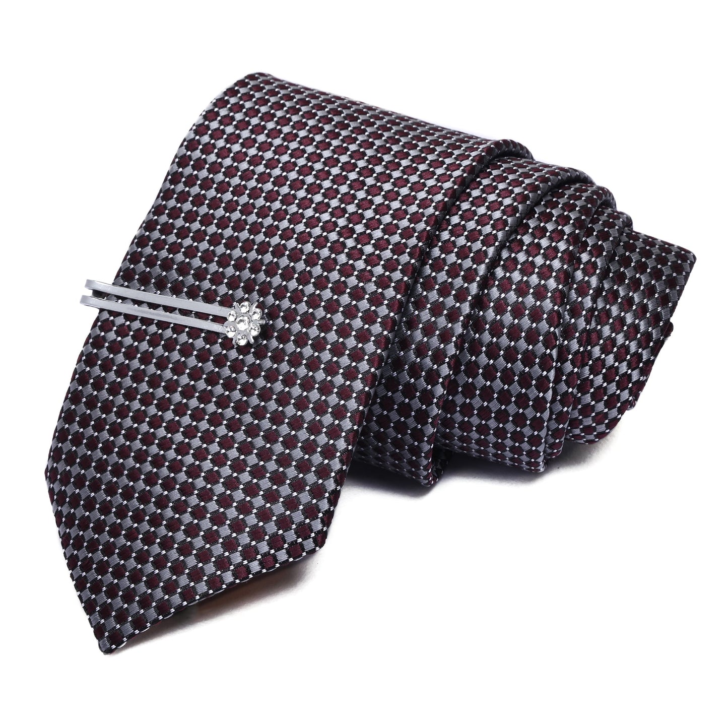 Grey Maroon Italian Silk Neckties Set Pocket Square Silver Tiepin