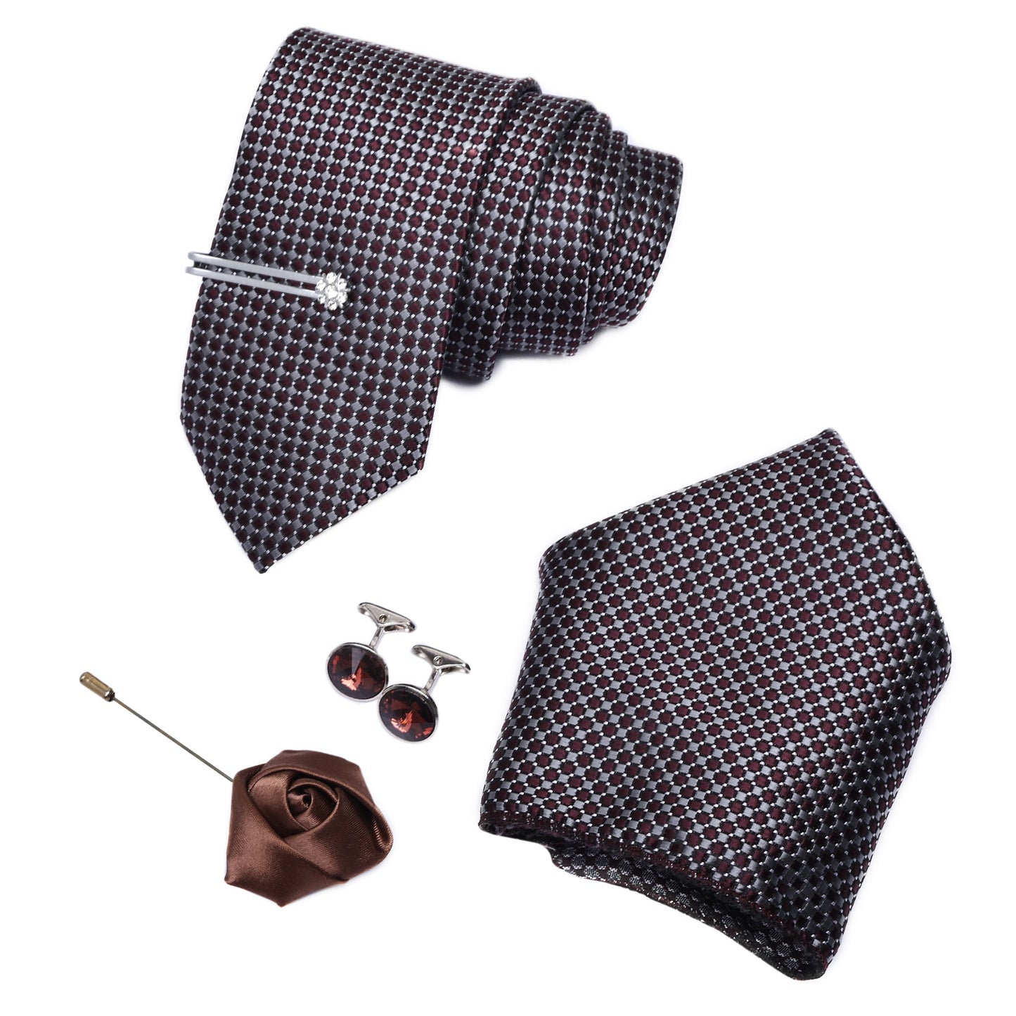 Grey Maroon Italian Silk Neckties Set Pocket Square Silver Tiepin