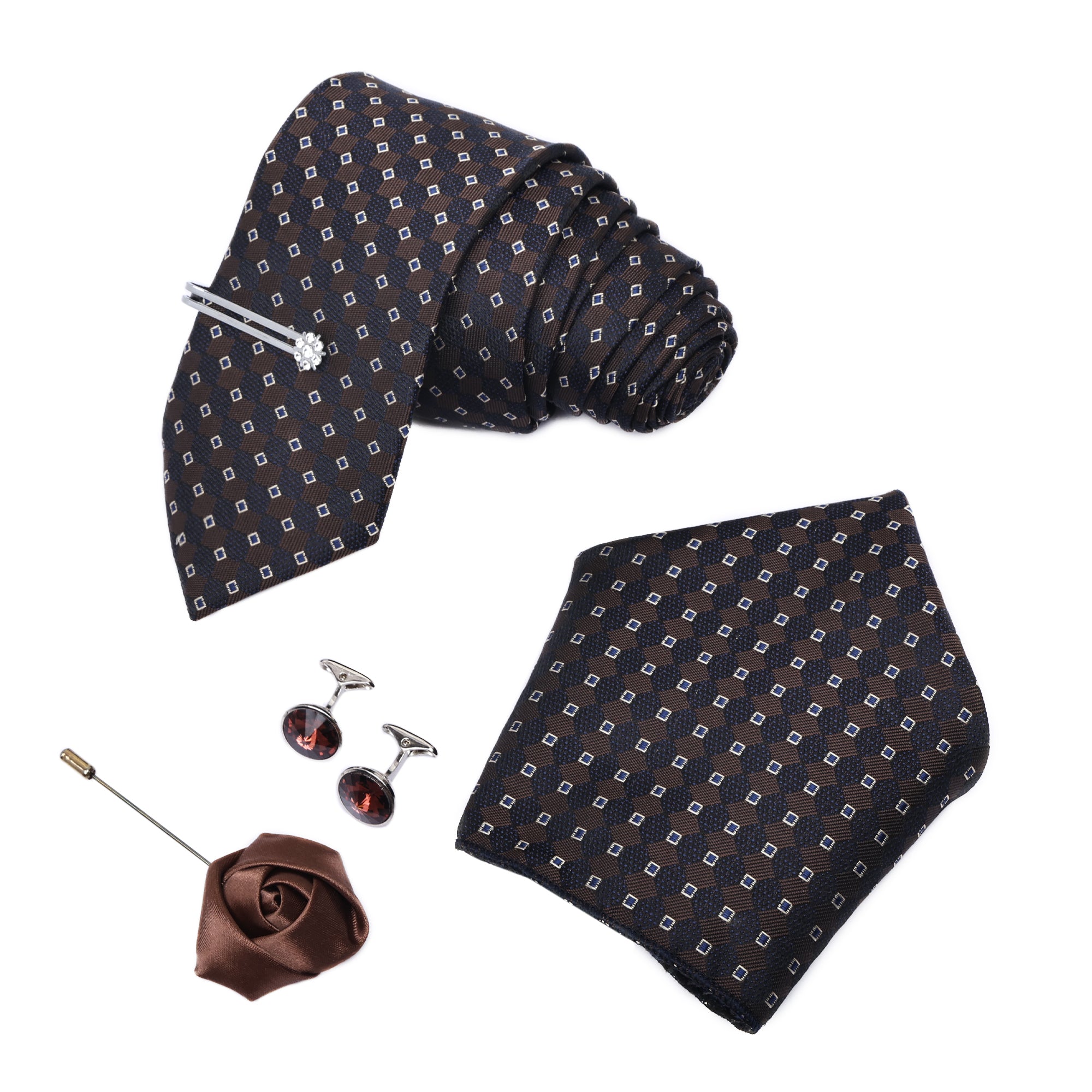 Brown Italian Silk Neckties Set Pocket Square Silver Tiepin