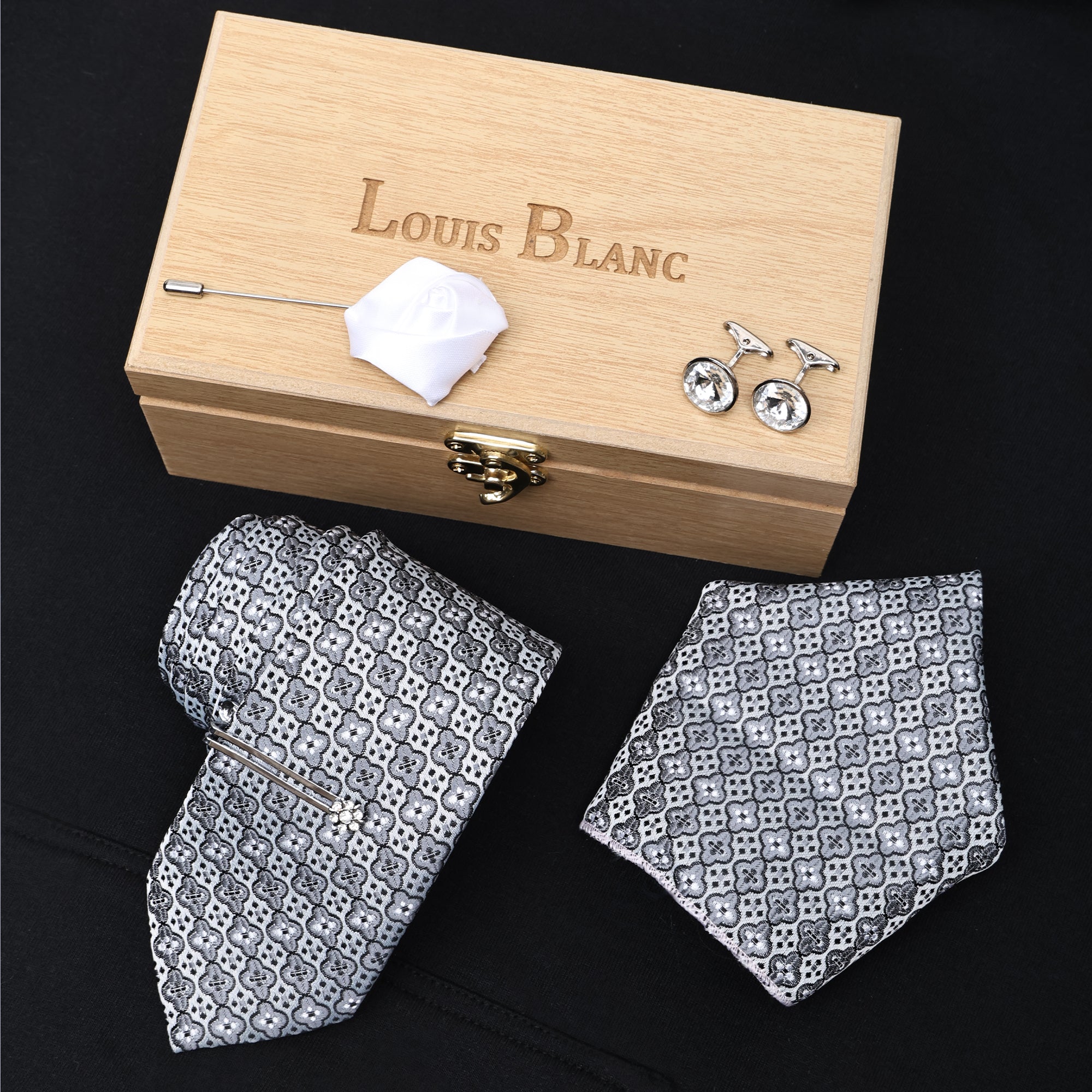 Light Grey Dot Italian Silk Neckties Set Pocket Square Tiepin