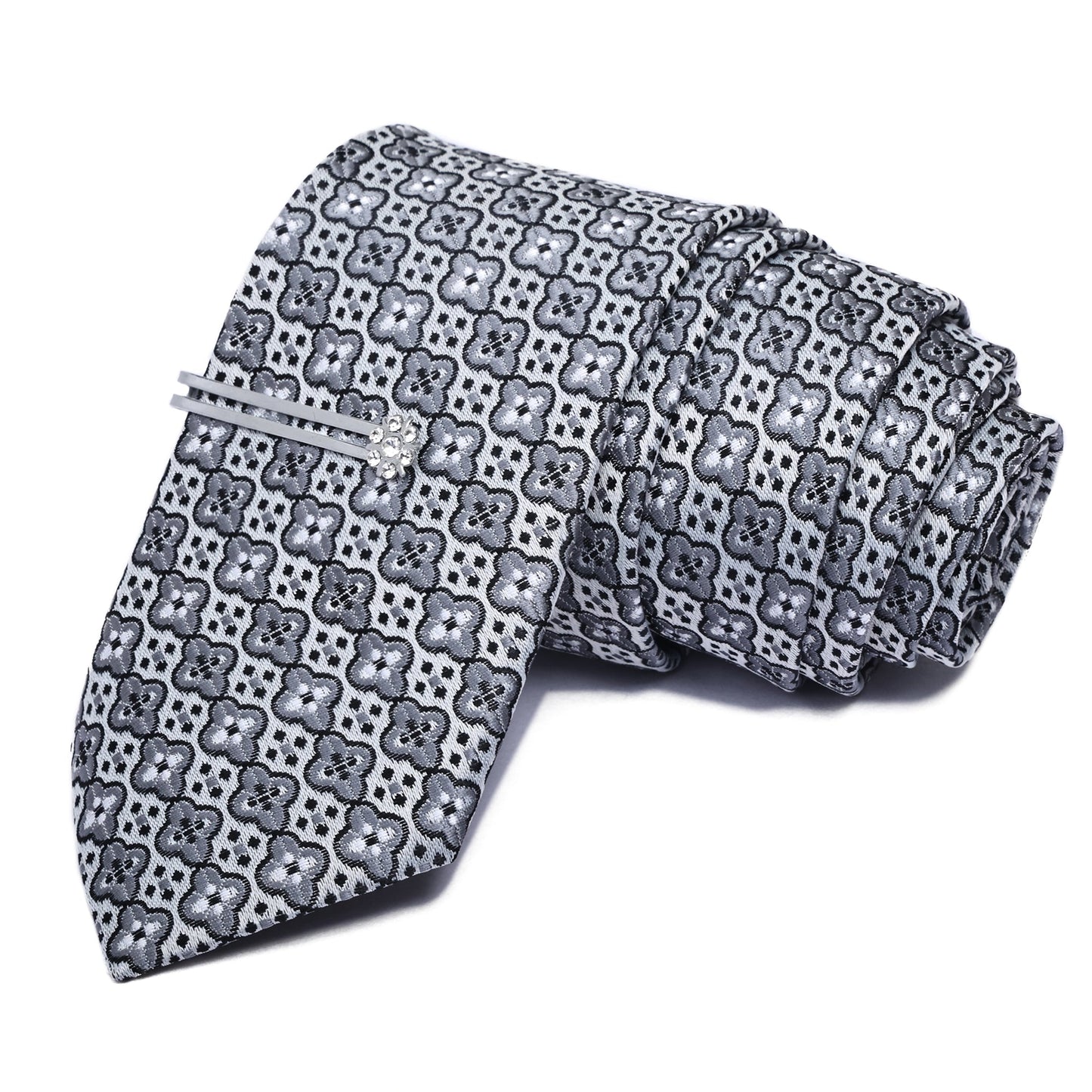 Light Grey Dot Italian Silk Neckties Set Pocket Square Tiepin