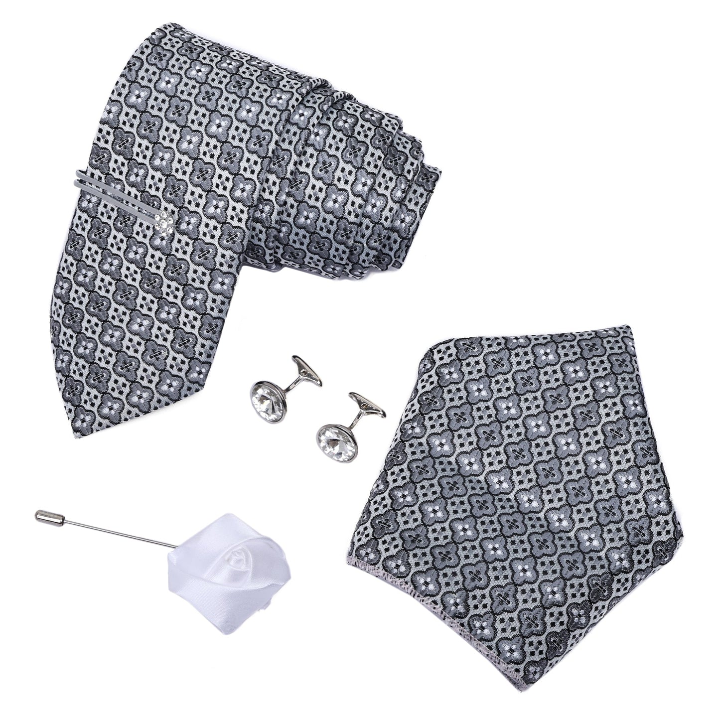 Light Grey Dot Italian Silk Neckties Set Pocket Square Tiepin