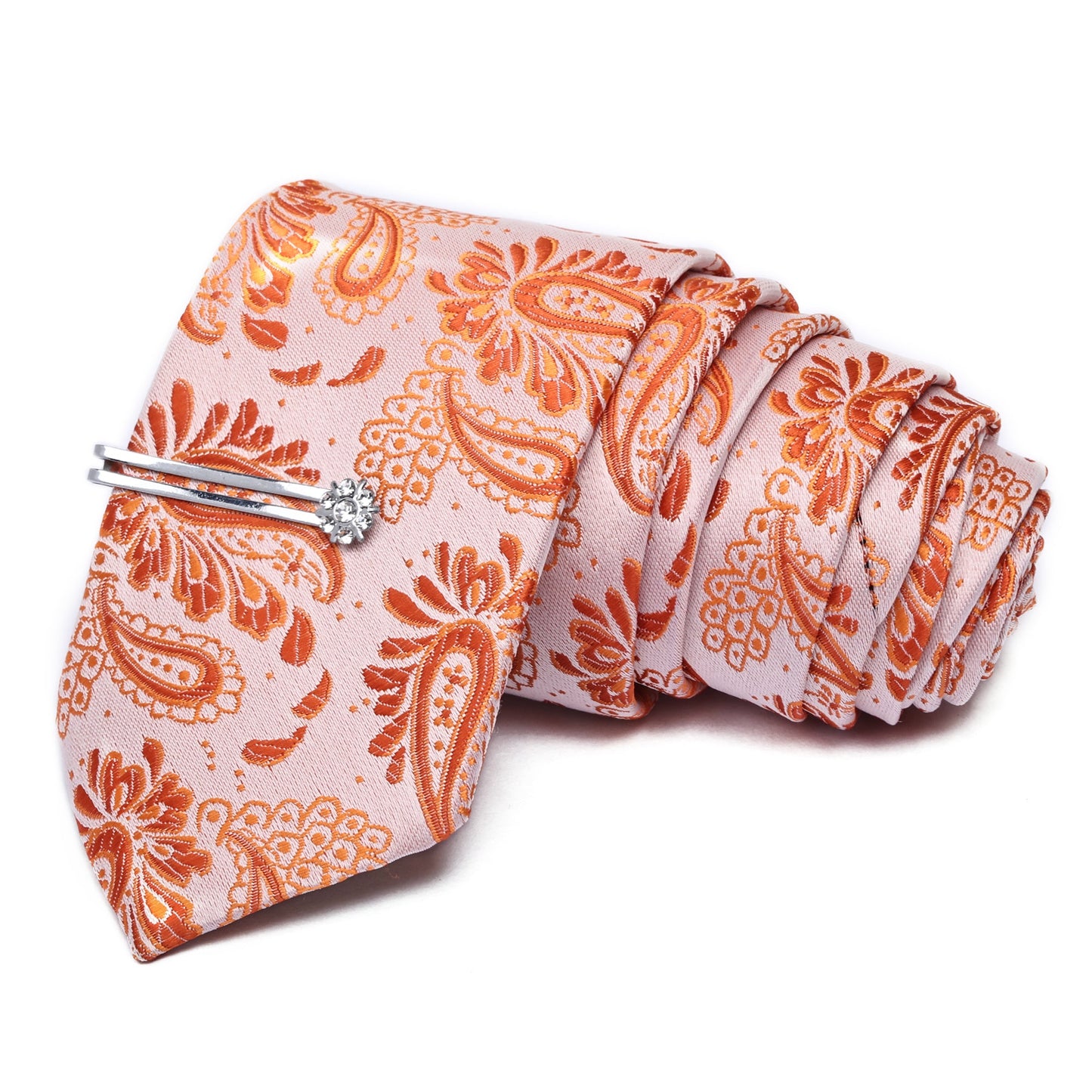 Light Orange Italian Silk Neckties Set Pocket Square Silver Tiepin