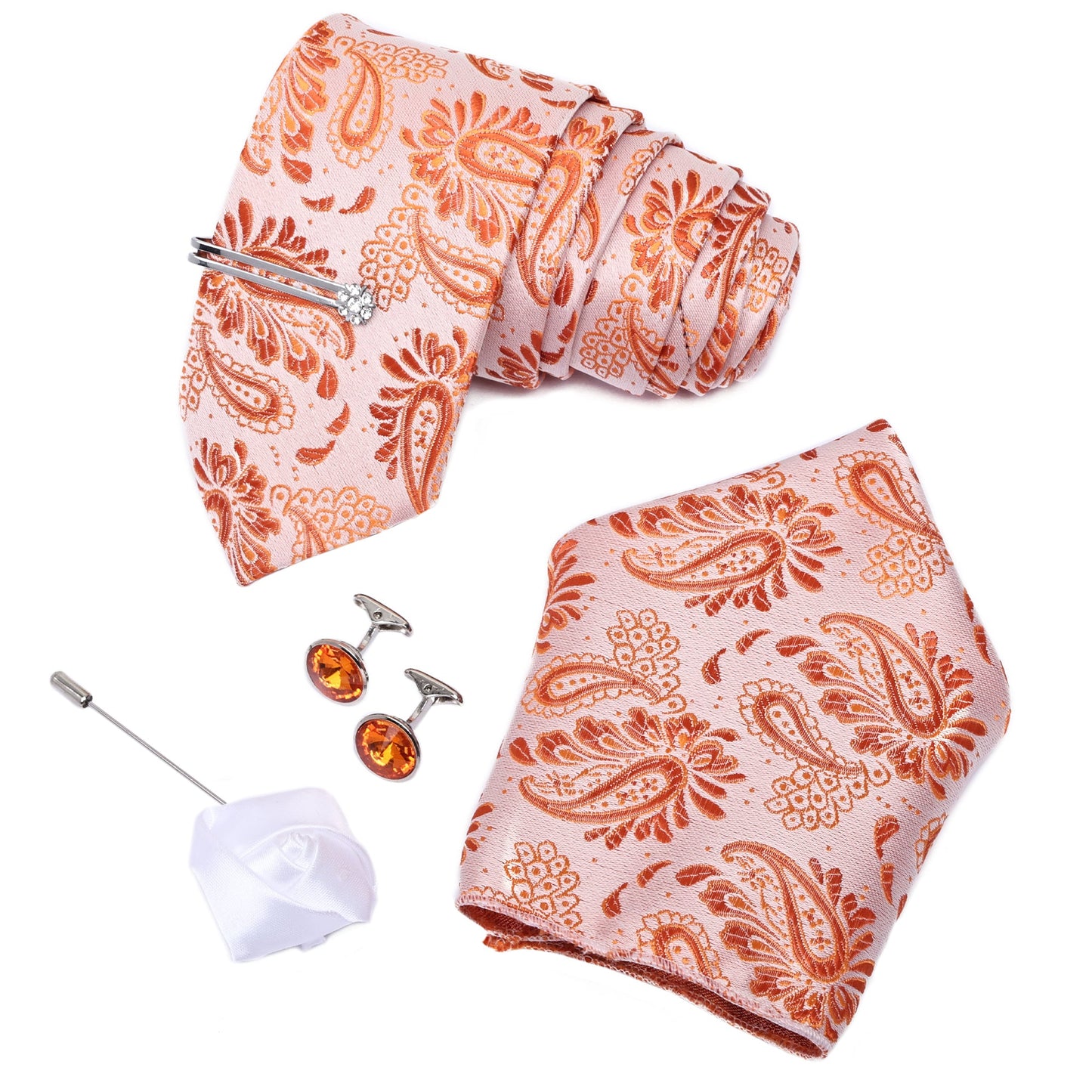 Light Orange Italian Silk Neckties Set Pocket Square Silver Tiepin