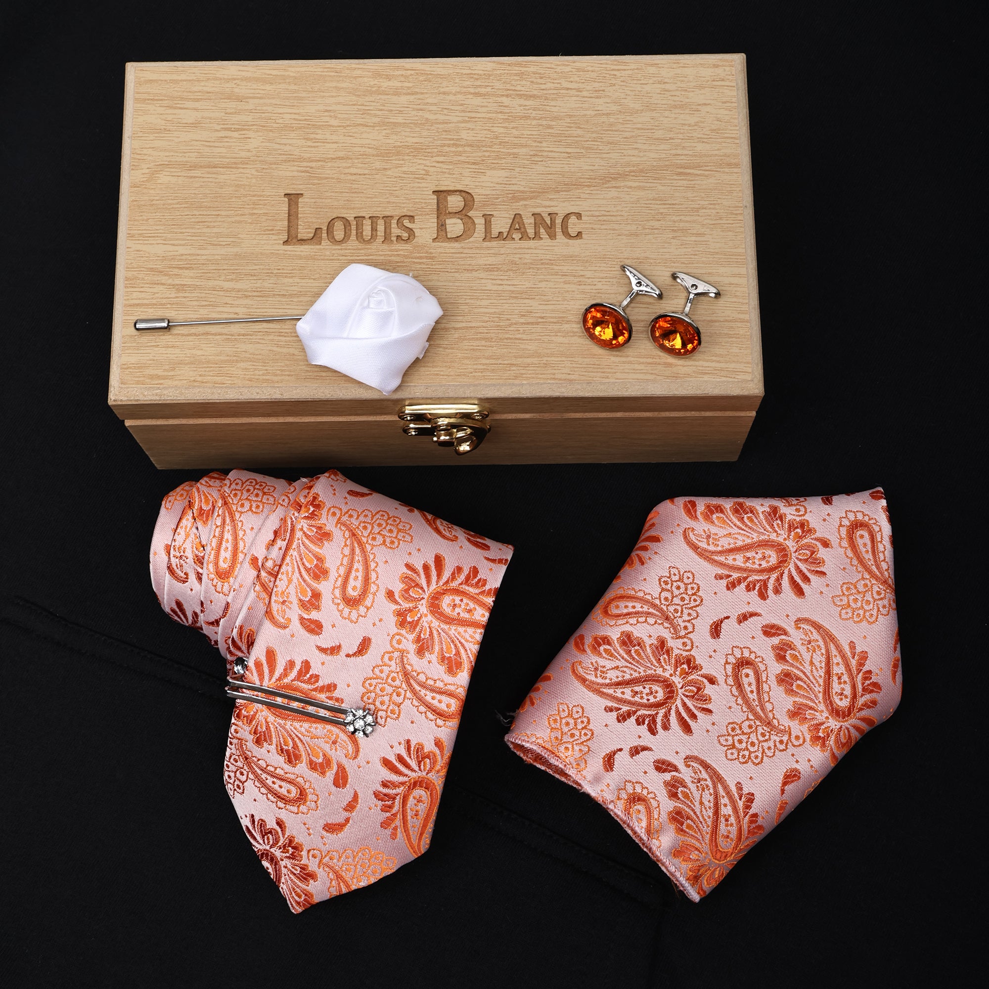 Light Orange Italian Silk Neckties Set Pocket Square Silver Tiepin