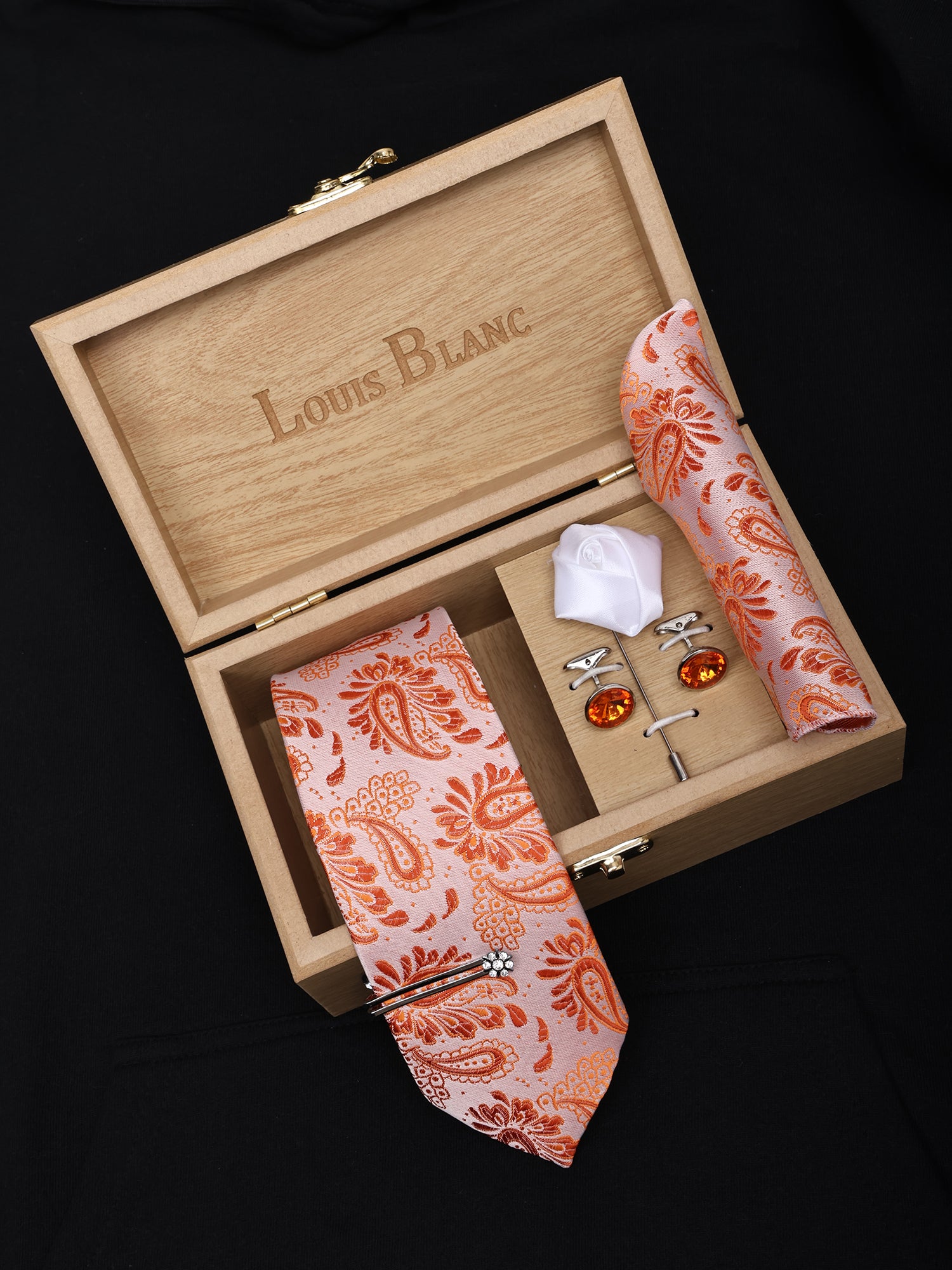 Light Orange Italian Silk Neckties Set Pocket Square Silver Tiepin