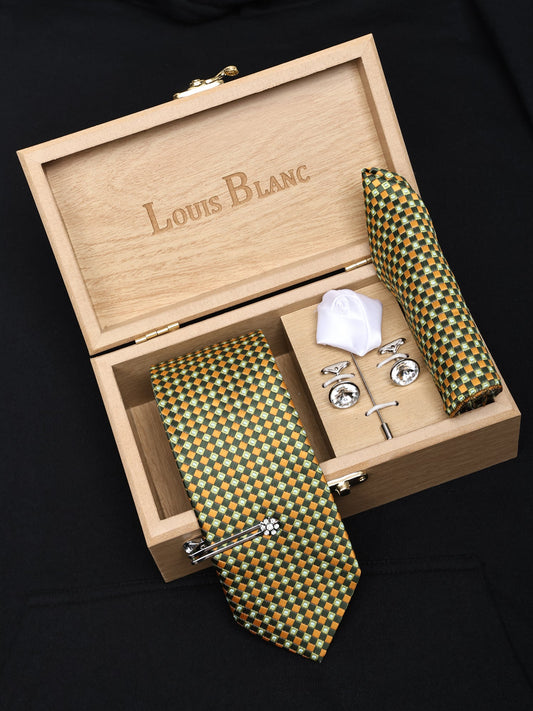 Sheen Green Luxury Italian Silk Neckties Set With Pocket Square Cufflinks Brooch Silver Tiepin