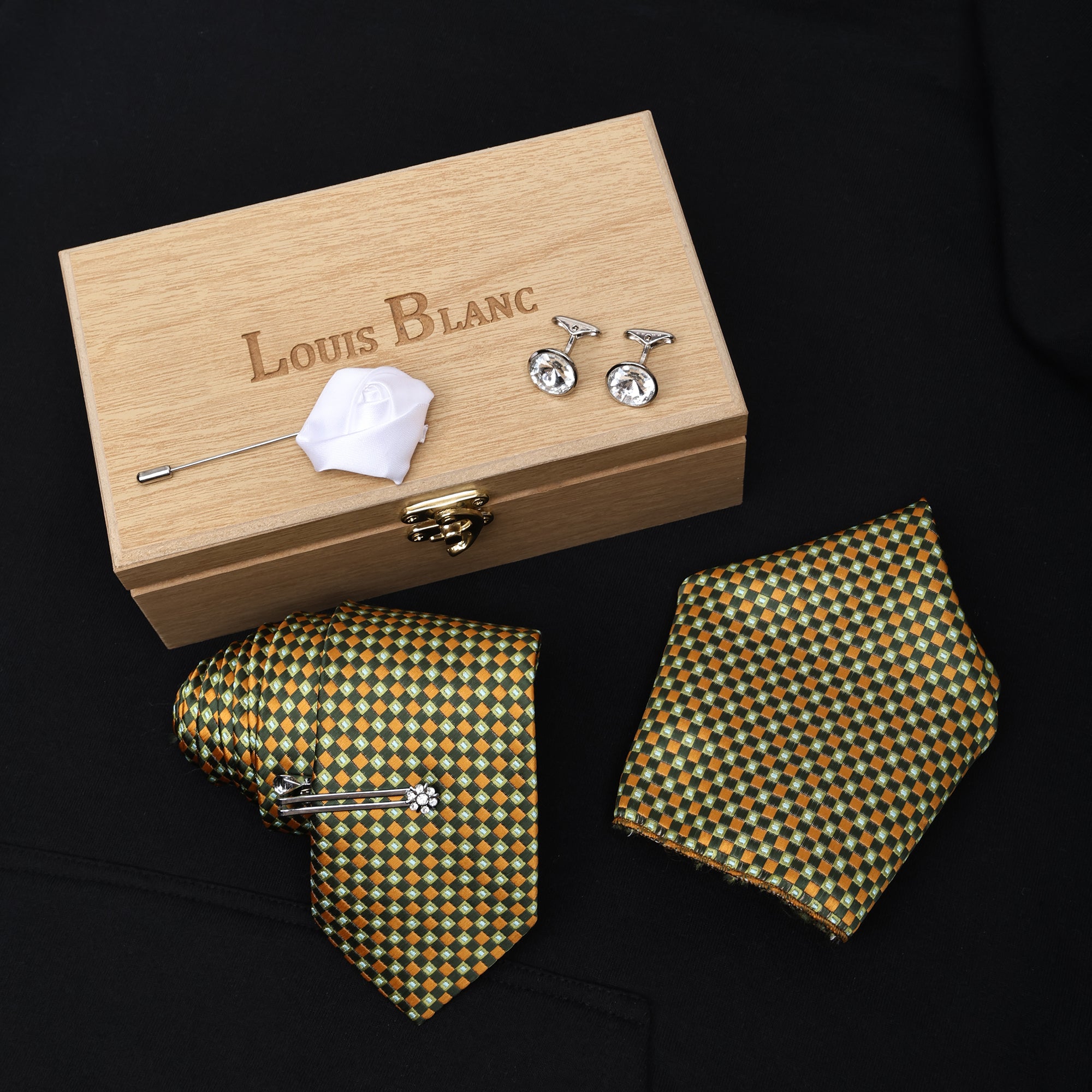 Sheen Green Luxury Italian Silk Neckties Set With Pocket Square Cufflinks Brooch Silver Tiepin