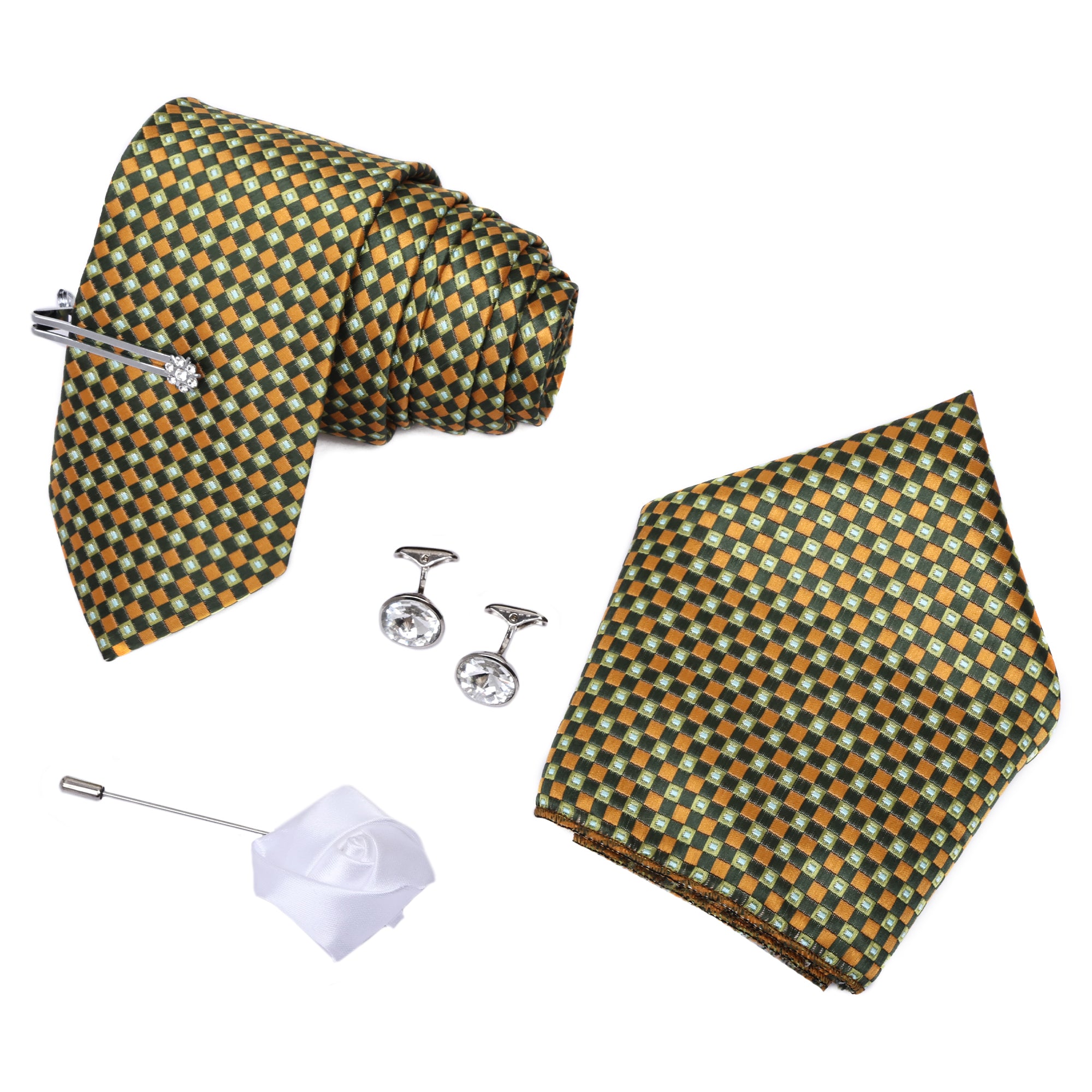 Sheen Green Luxury Italian Silk Neckties Set With Pocket Square Cufflinks Brooch Silver Tiepin