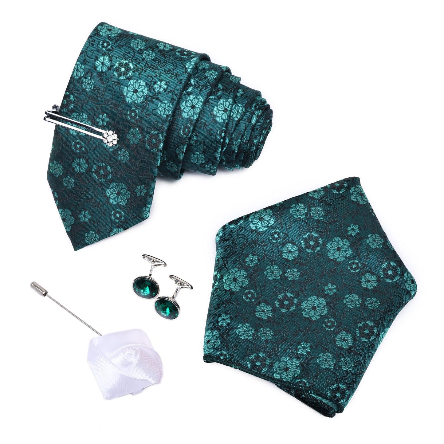 Torques Flower Print Italian Silk Neckties Set Pocket Square Tiepin