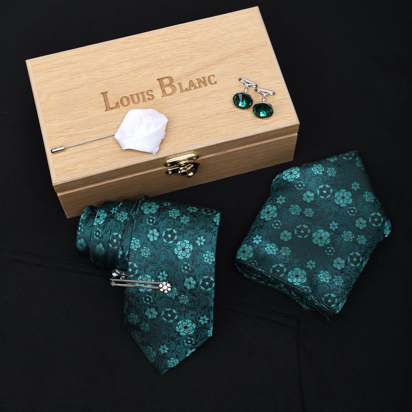 Torques Flower Print Italian Silk Neckties Set Pocket Square Tiepin