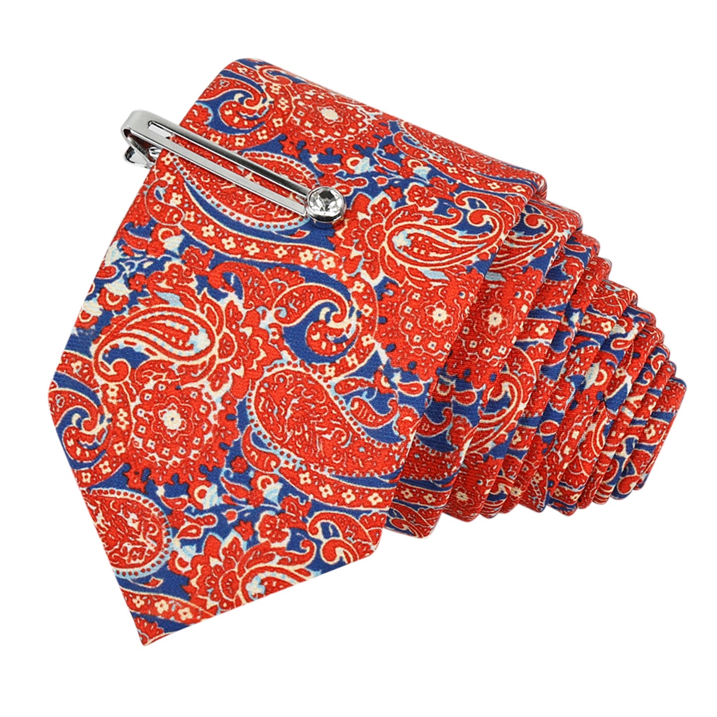 Blaze Orange Luxury Italian Silk Necktie Set With Pocket Square, Silver Tie Pin, Cufflinks & Brooch