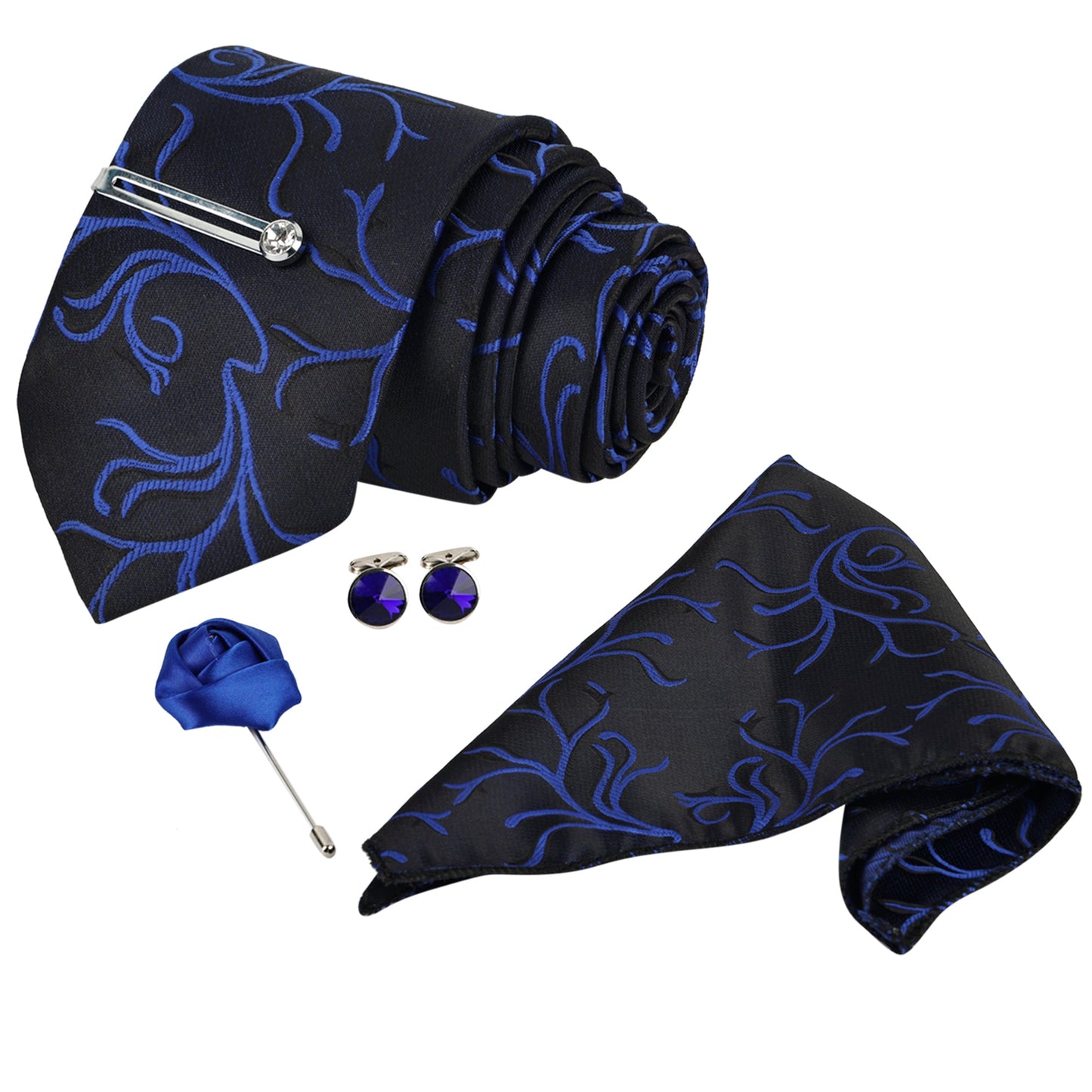 Marine Blue Italian Neckties With Pocket Square Silver Tie Pin, Cufflinks & Brooch