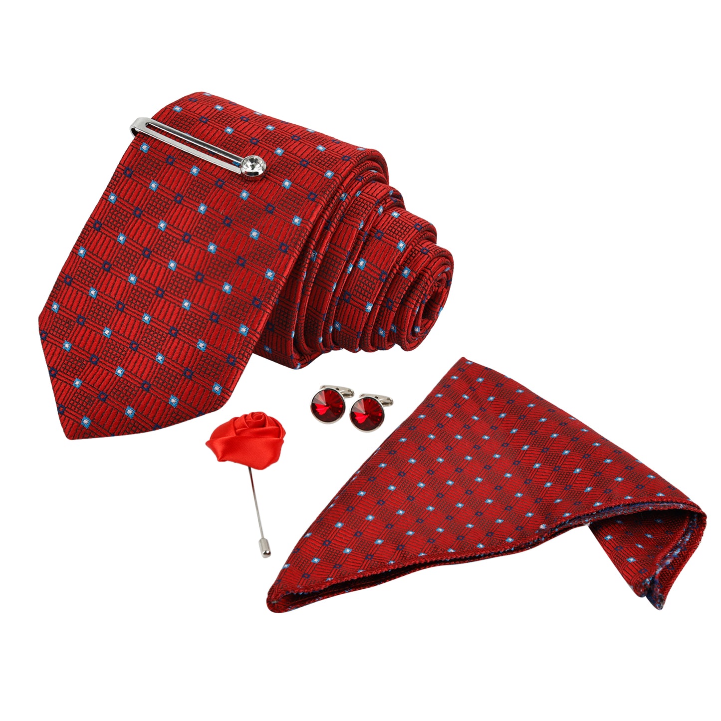 Texture Maroon Italian Necktie With Pocket Square Silver Tie pin, Cufflinks & Brooch
