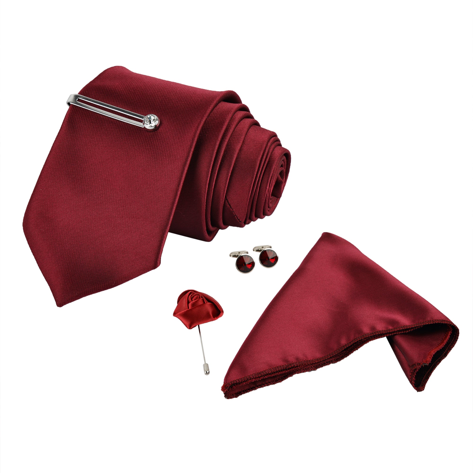 British Red Luxury Solid Necktie Set With Pocket Square Silver Tie Pin Cufflinks & Brooch