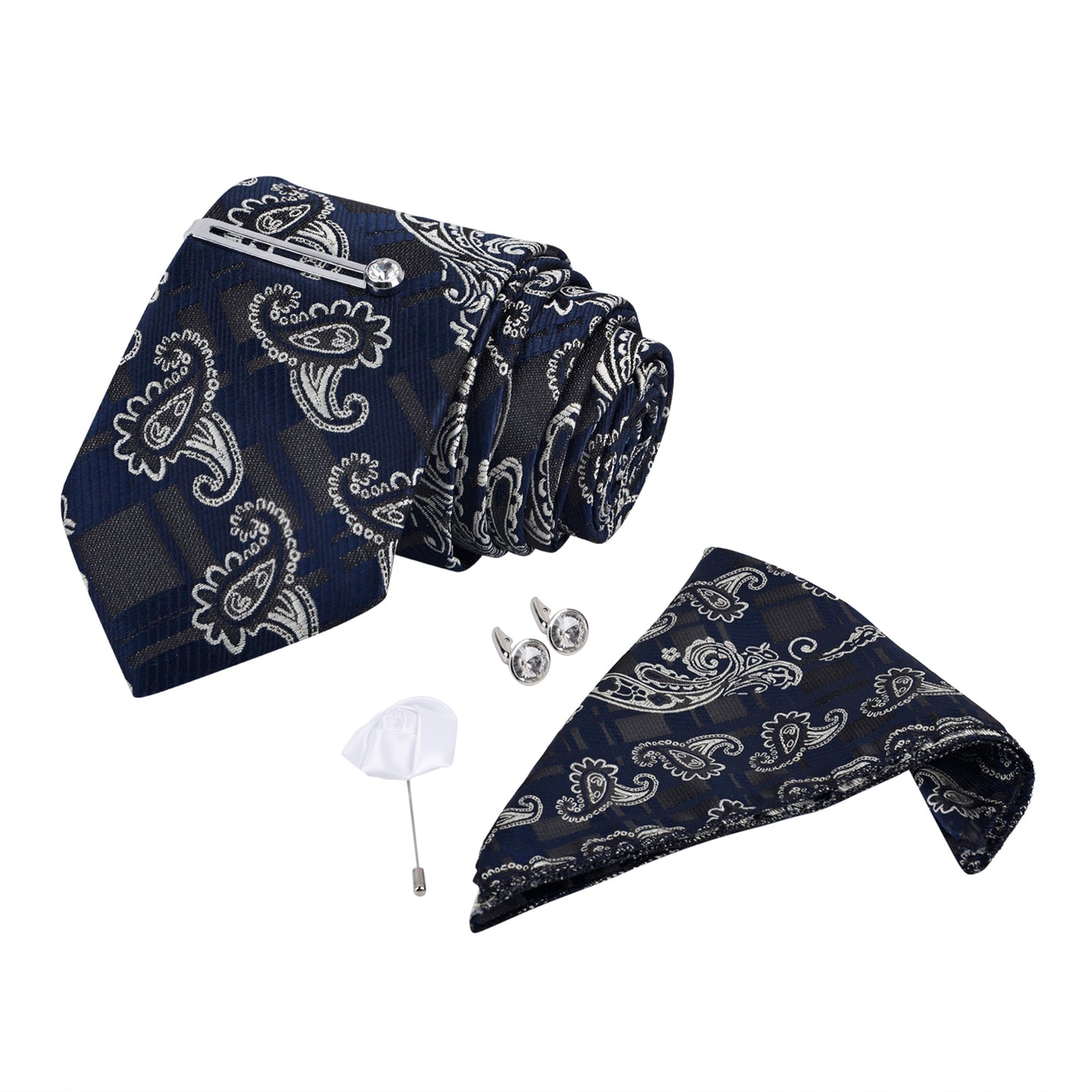 Lilac Navy Italian Necktie Set With Pocket Square Silver Tie Pin, Cufflinks & Brooch