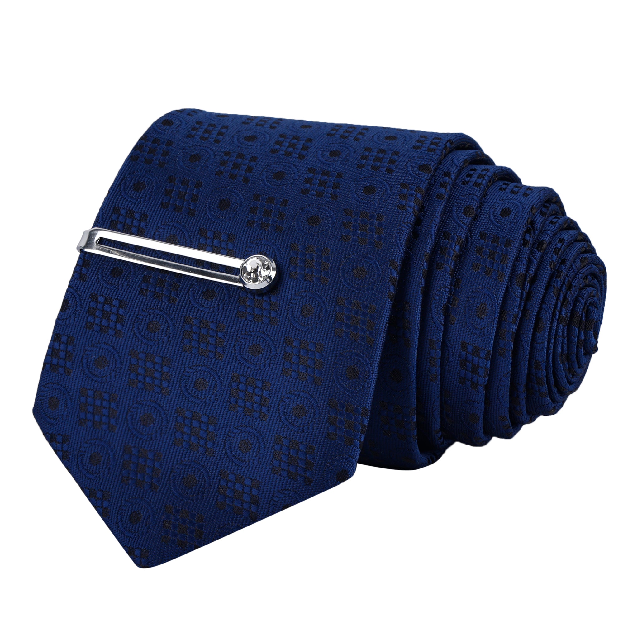 Denim Blue Italian Necktie Set With Pocket Square Silver Tie Pin, Cufflinks & Brooch