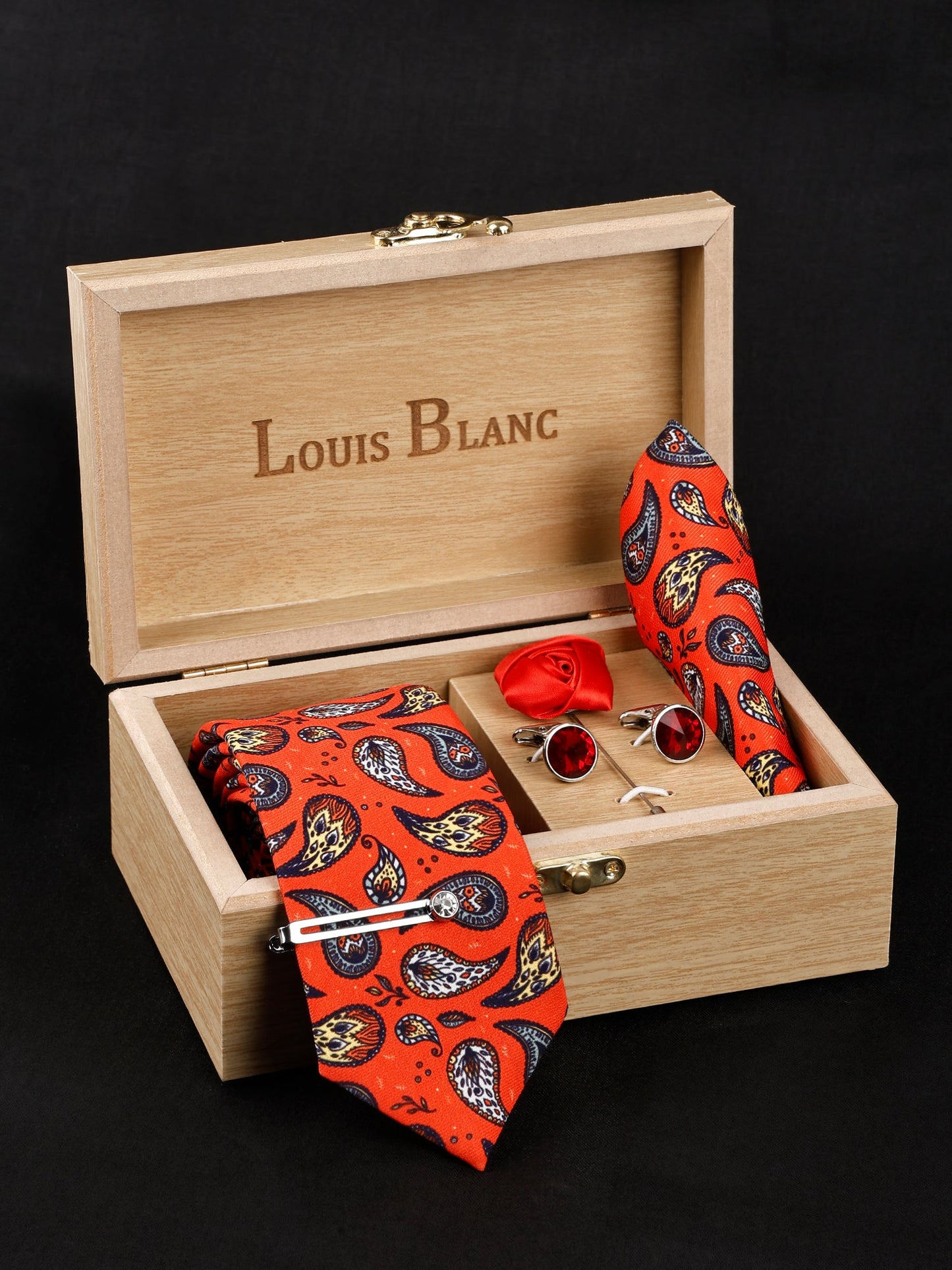 International Orange Luxury Italian Silk Necktie Set With Pocket Square Silver Tie Pin, Cufflinks & Brooch