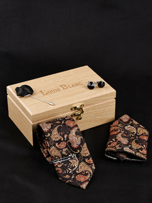 Ravan Black Luxury Italian Silk Necktie Set With Pocket Square Silver Tie Pin, Cufflinks & Brooch