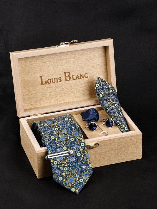 Dodger Navy Luxury Italian Silk Necktie Set With Pocket Square Silver Tie pin, Cufflinks & Brooch