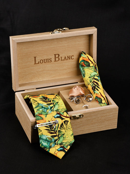 Sheen Yellow Luxury Italian Silk Necktie Set With Pocket Square Silver Tie Pin, Cufflinks & Brooch