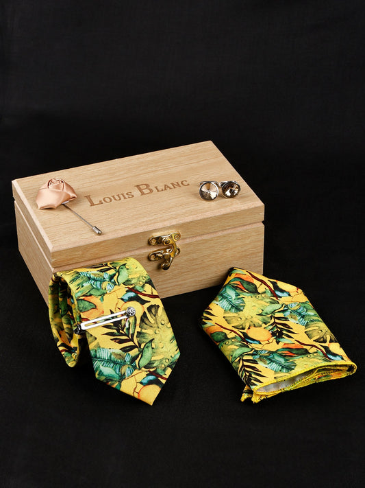 Sheen Yellow Luxury Italian Silk Necktie Set With Pocket Square Silver Tie Pin, Cufflinks & Brooch