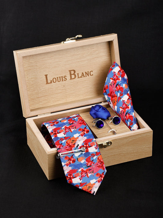 Multi Flower Luxury Italian Silk Necktie Set With Pocket Square Silver Tie Pin, Cufflinks & Brooch