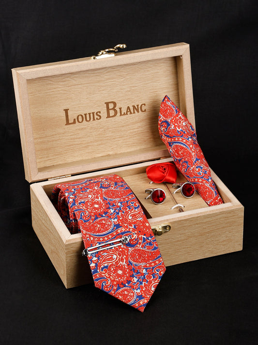 Blaze Orange Luxury Italian Silk Necktie Set With Pocket Square, Silver Tie Pin, Cufflinks & Brooch
