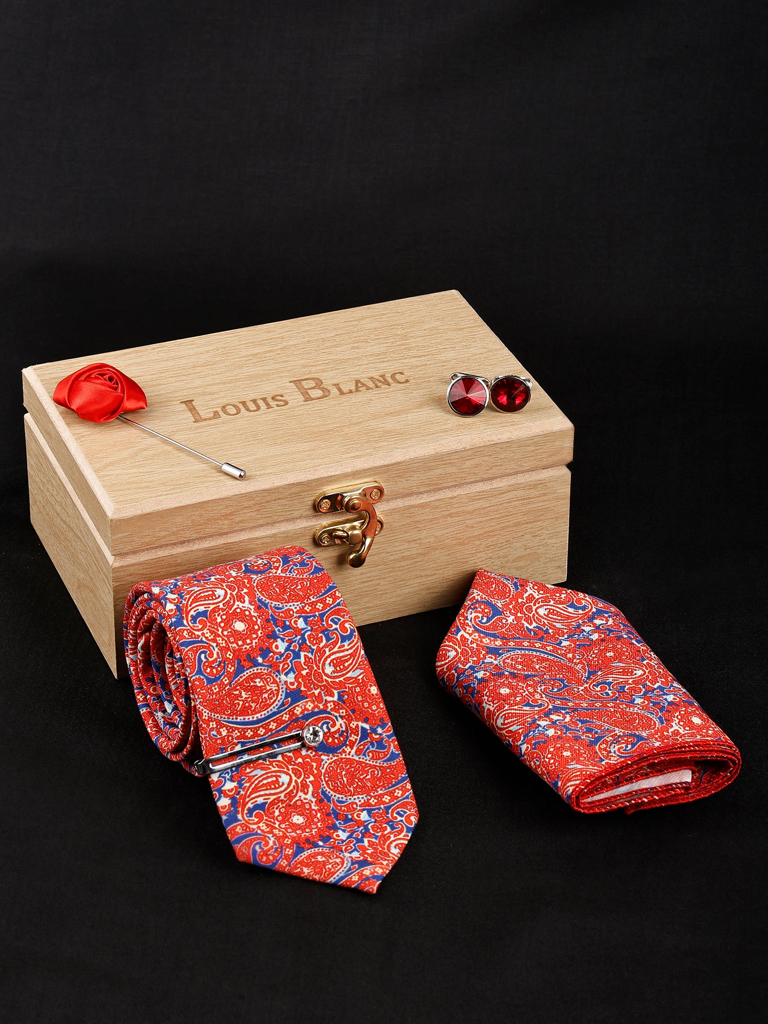Blaze Orange Luxury Italian Silk Necktie Set With Pocket Square, Silver Tie Pin, Cufflinks & Brooch