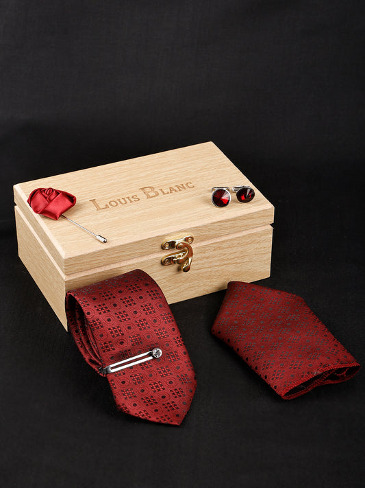 Denim Mehroon Italian Necktie Set With Pocket Square Silver Tie Pin, Cufflinks & Brooch