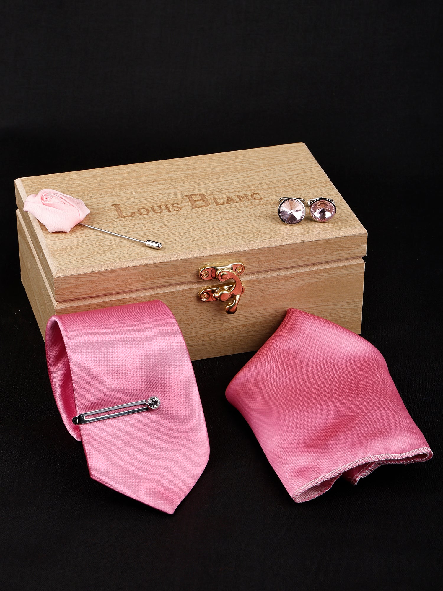 Baby Pink Luxury Solid Necktie Set With Pocket Square Silver Tie Pin, Cufflinks & Brooch