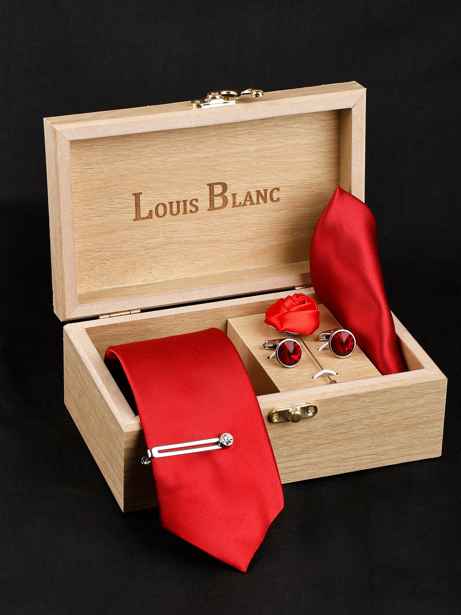 Red Color Luxury Solid Necktie Set With Pocket Square Silver Tie Pin, Cufflinks & Brooch