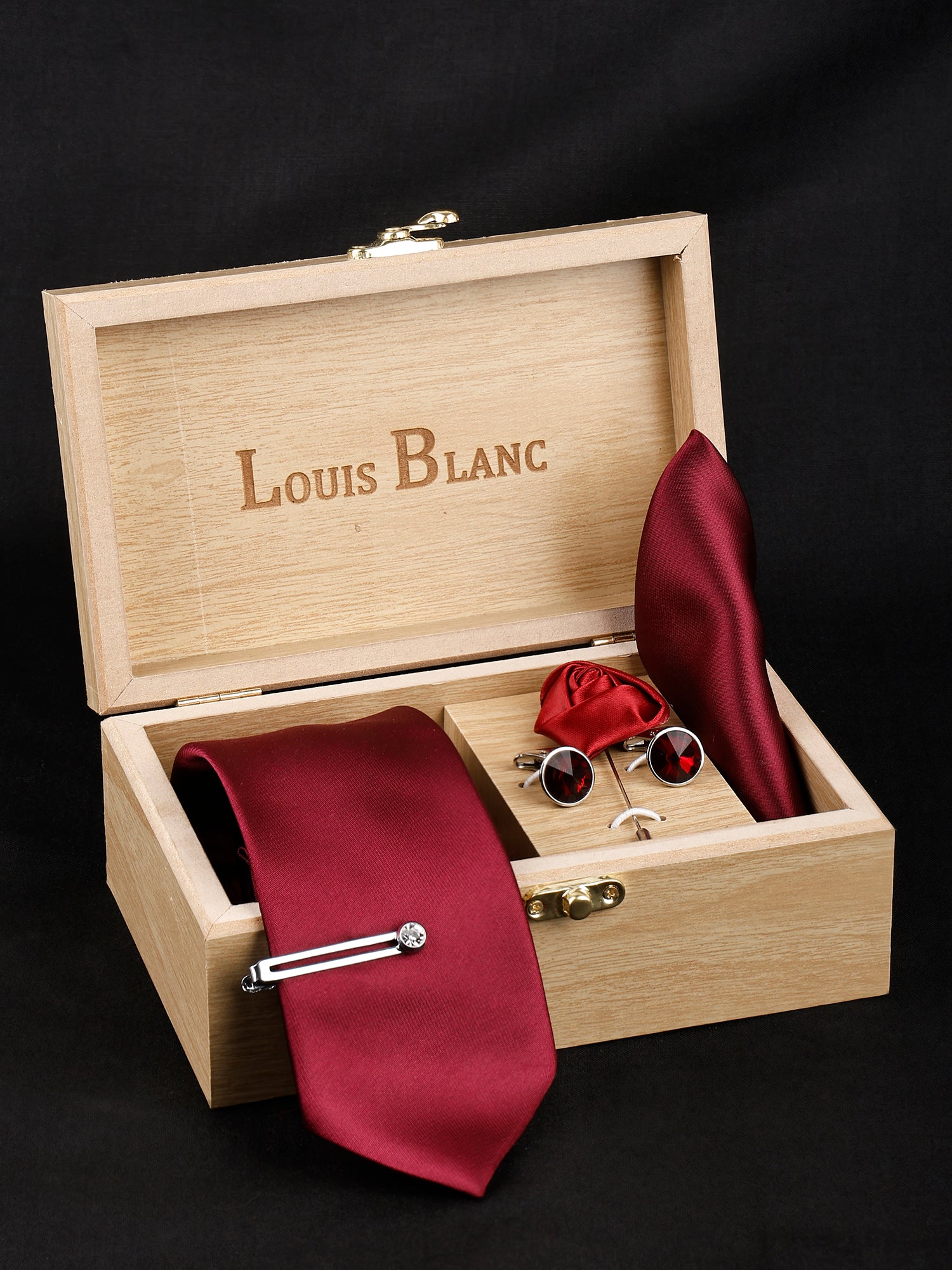 British Red Luxury Solid Necktie Set With Pocket Square Silver Tie Pin Cufflinks & Brooch
