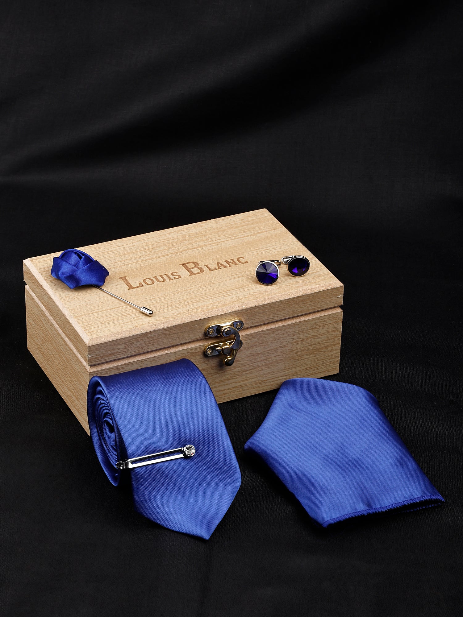 Royal Blue luxury Solid Necktie Set With Pocket Square Silver Tie Pin, Cufflinks & Brooch
