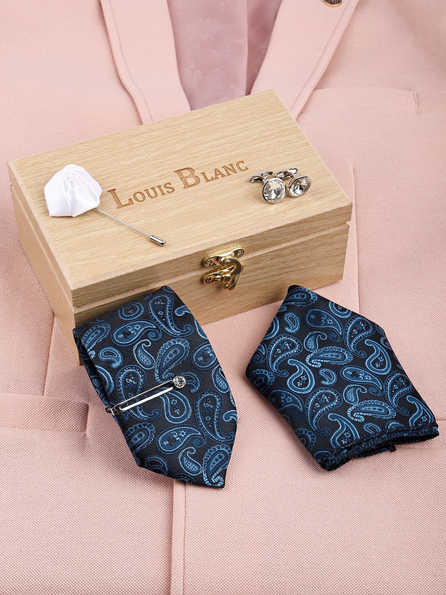 Kari Dark Navy Italian Necktie Set With Pocket Square Silver Tie Pin, Cufflinks & Brooch