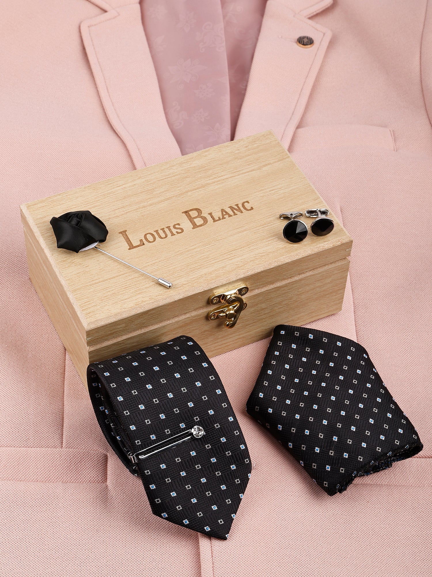 White Dot Black Italian Necktie Set With Pocket Square Silver Tie Pin, Cufflinks & Brooch