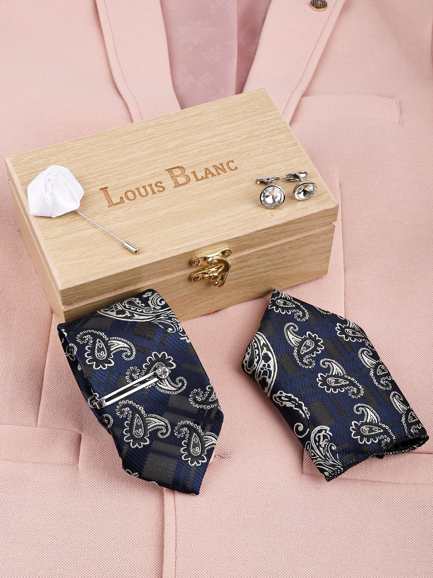 Lilac Navy Italian Necktie Set With Pocket Square Silver Tie Pin, Cufflinks & Brooch