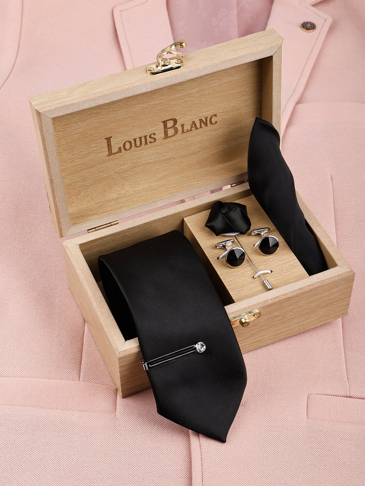 Pearl Black Luxury Solid Necktie Set With Pocket Square Tie Pin, Cufflinks & Brooch