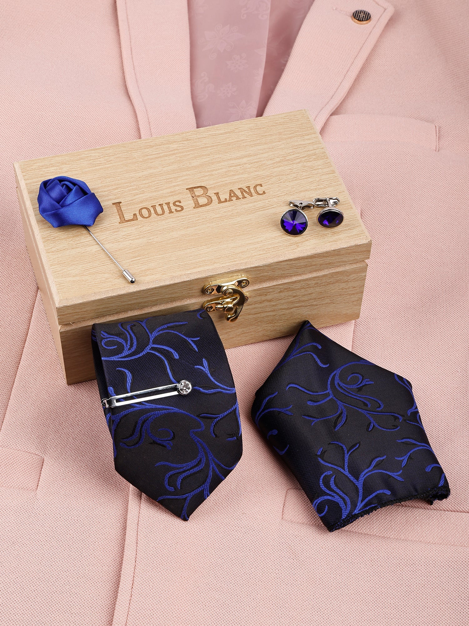 Marine Blue Italian Neckties With Pocket Square Silver Tie Pin, Cufflinks & Brooch